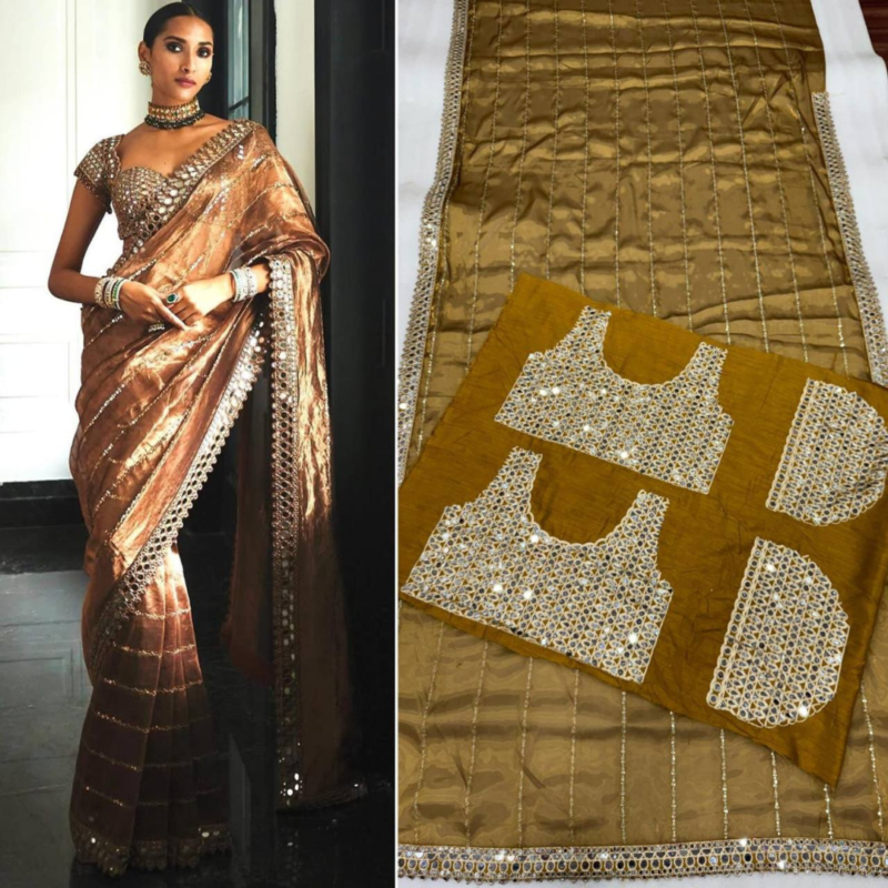 Metallic Bronze Mirror Work Saree - Image 4