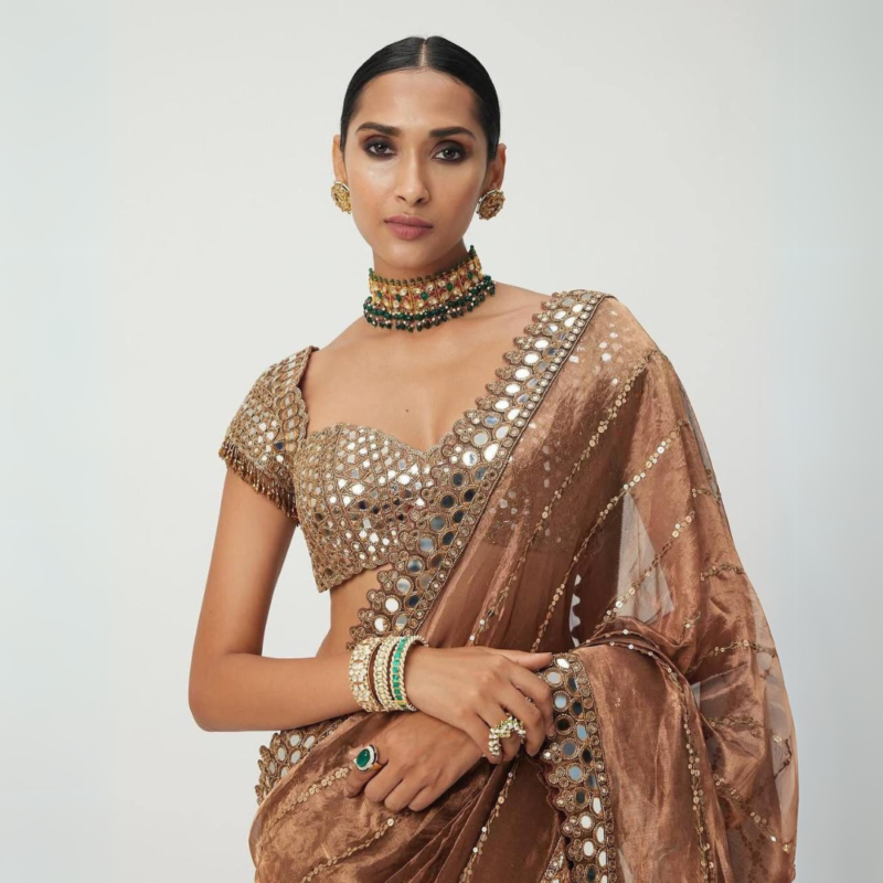 Metallic Bronze Mirror Work Saree - Image 3