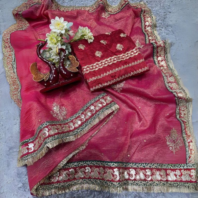 Banarasi Crush Red Embroidered & Sequin Saree - Image 6