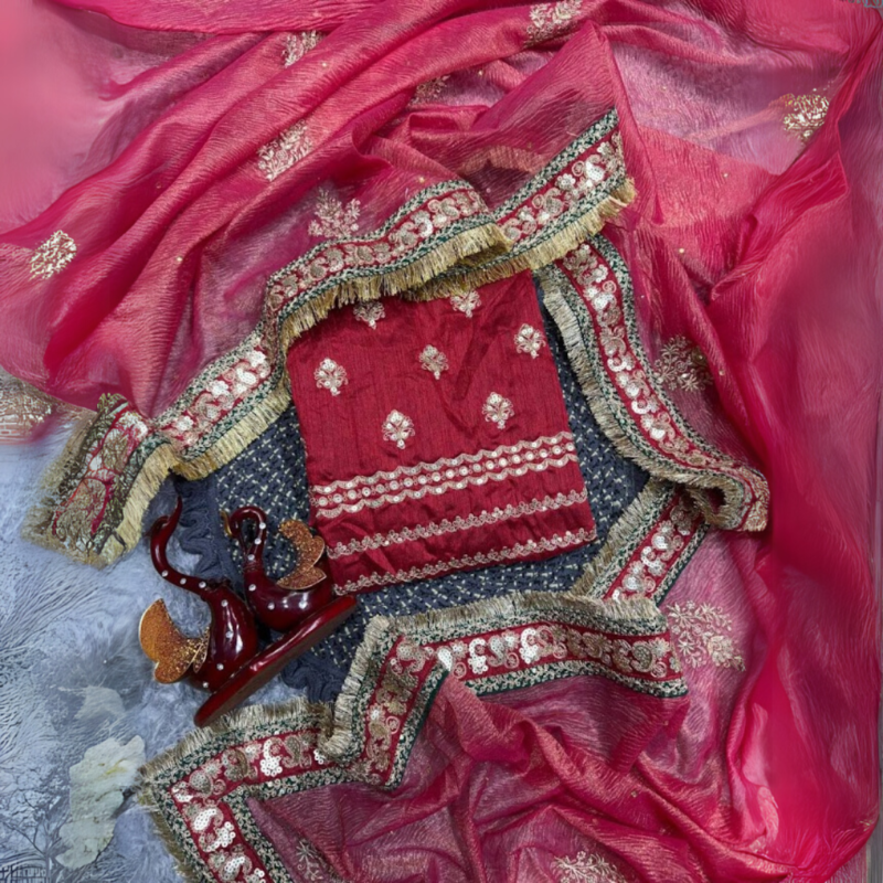Banarasi Crush Red Embroidered & Sequin Saree - Image 4