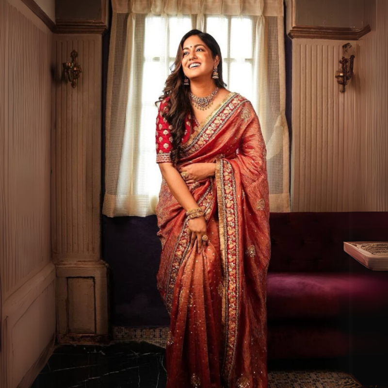 Banarasi Crush Red Embroidered & Sequin Saree - Image 3