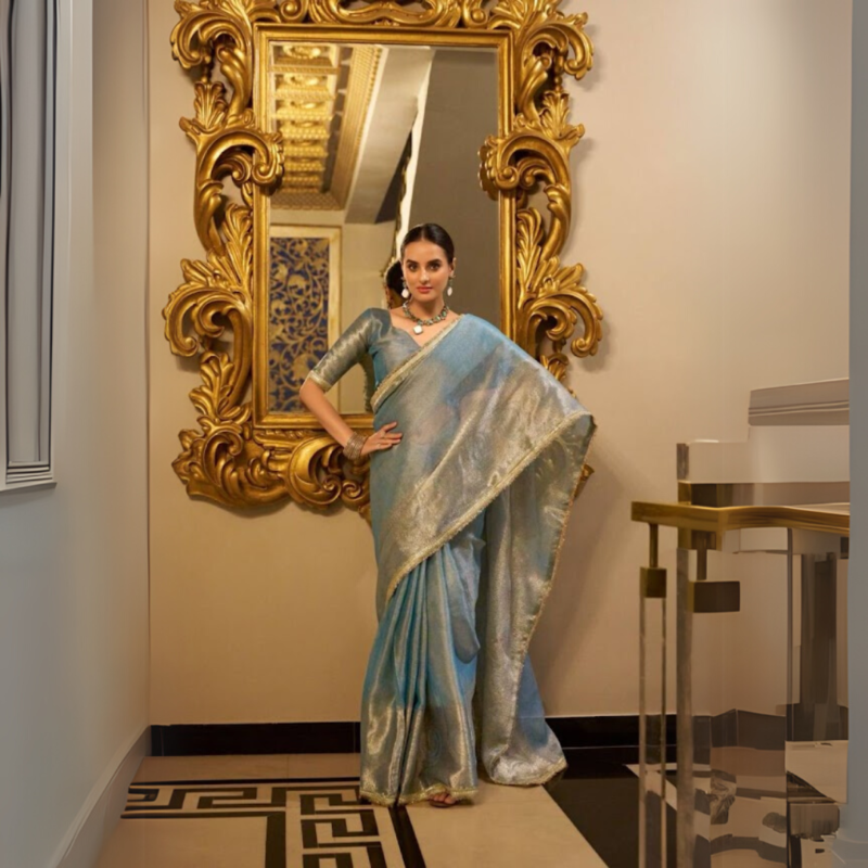 Metallic Blue Tissue Silk Saree - Image 2