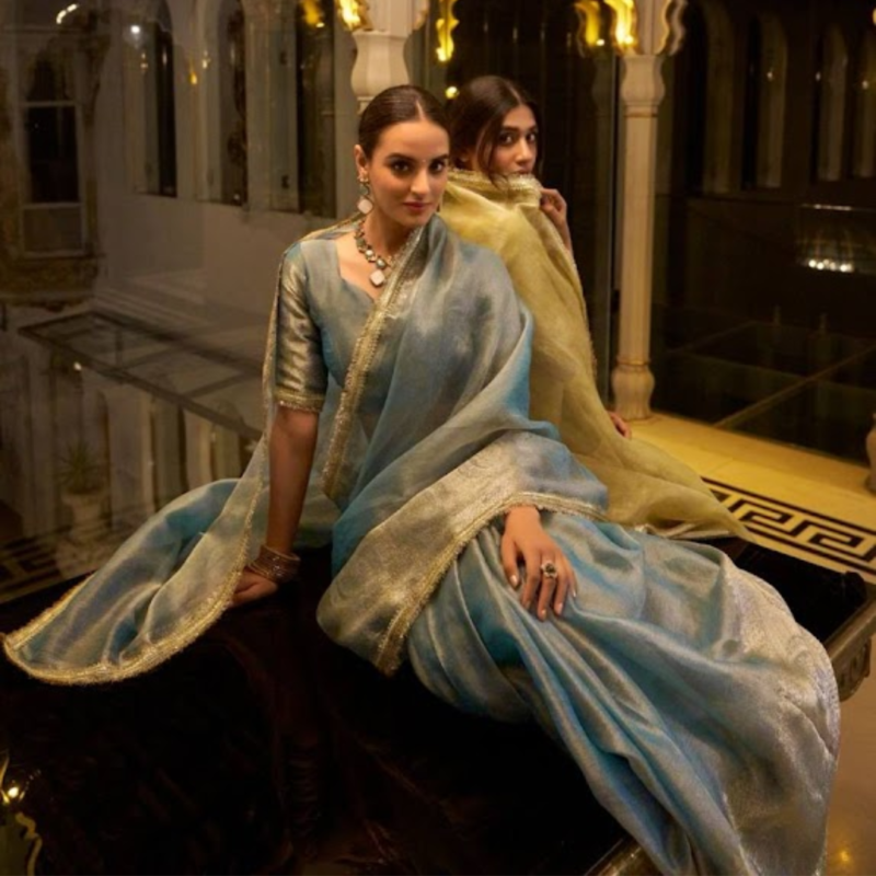 Metallic Blue Tissue Silk Saree - Image 4