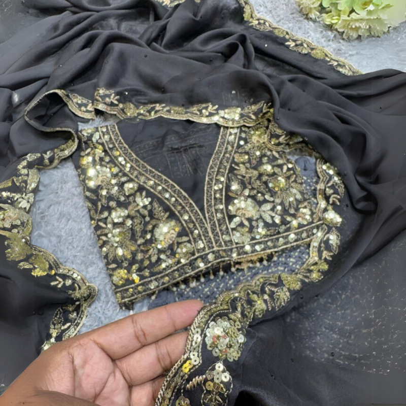 Black Silk Sequin Saree - Image 2