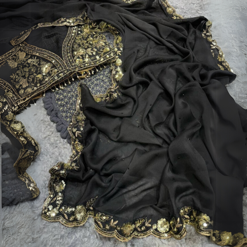 Black Silk Sequin Saree - Image 4