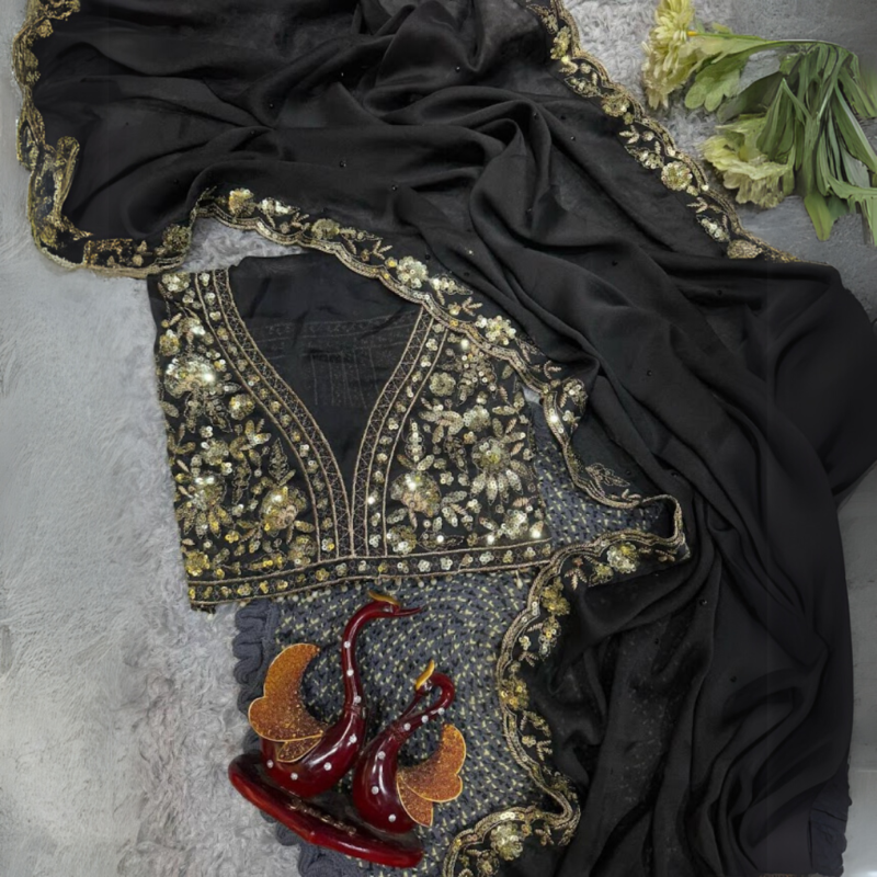 Black Silk Sequin Saree - Image 5