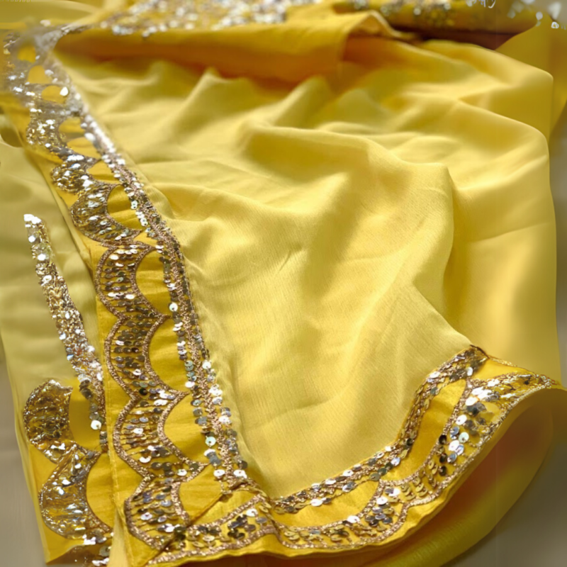 Chiffon Yellow Designer Saree - Image 5