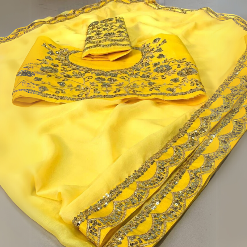 Chiffon Yellow Designer Saree - Image 3