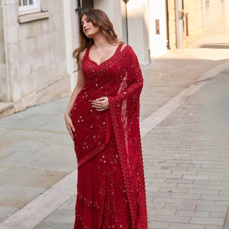 Red designer mirror work georgette saree - Image 2