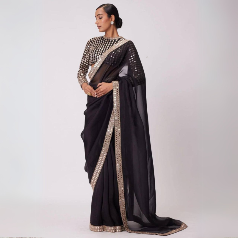 Black Mirror Work Saree - Image 3