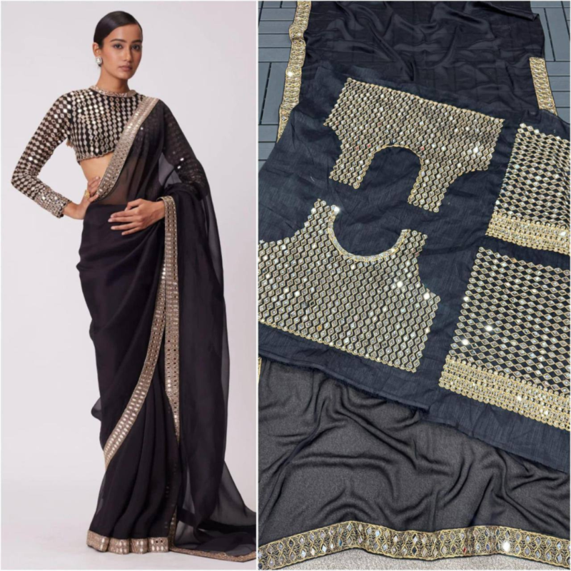 Black Mirror Work Saree - Image 5