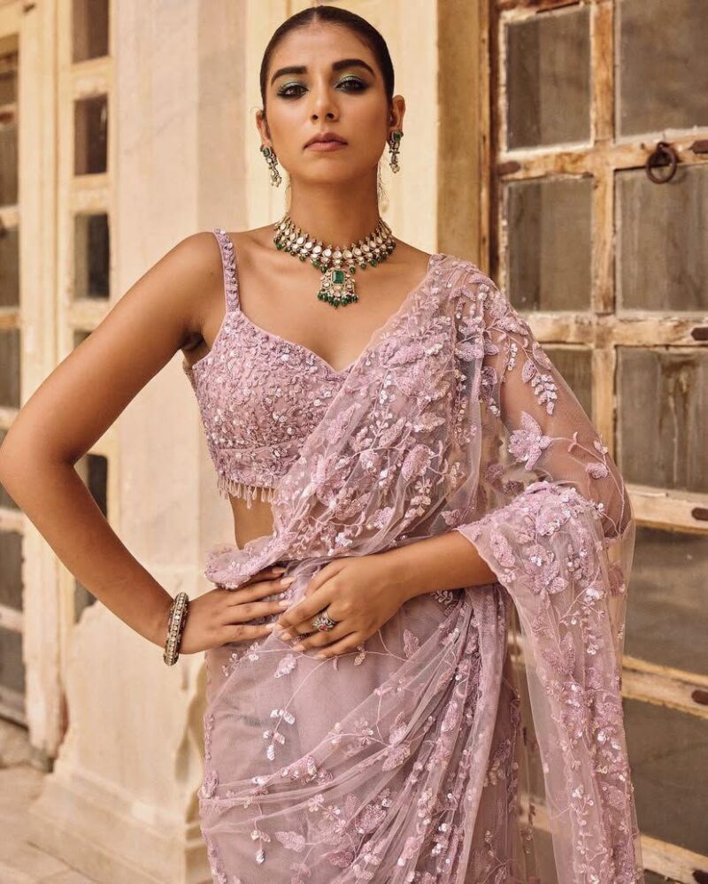 Pastel Pink Sequined Designer Saree - Image 3