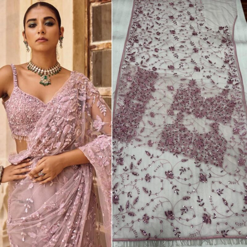 Pastel Pink Sequined Designer Saree - Image 5