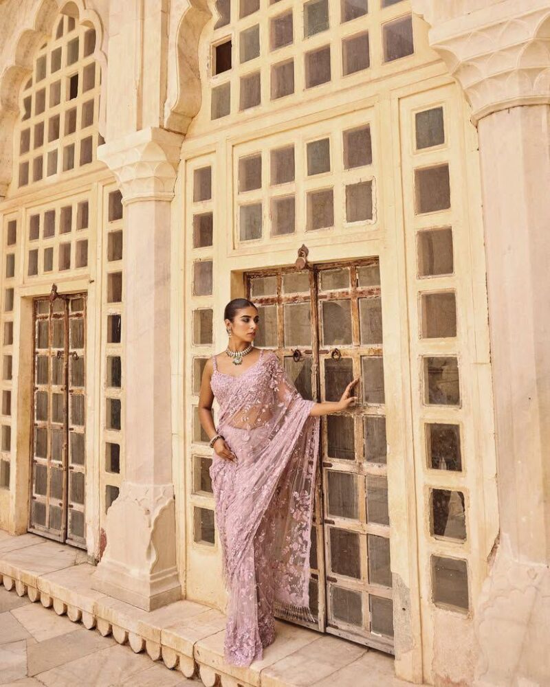 Pastel Pink Sequined Designer Saree - Image 4